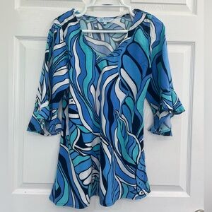 Escapada Womens Small Teal/Blue/White/Navy Abstract Bell Sleeve Blouse Top Tunic